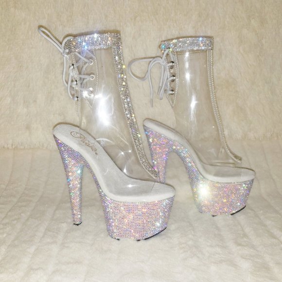 Bejeweled Rhinestone Platform Heel Ankle Boots Wit - Picture 5 of 17